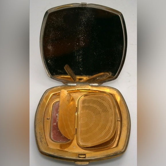 Vintage La Mode Black & Floral Guilloche Compact Mirror - Circa 1930s-40s - Picture 2 of 16